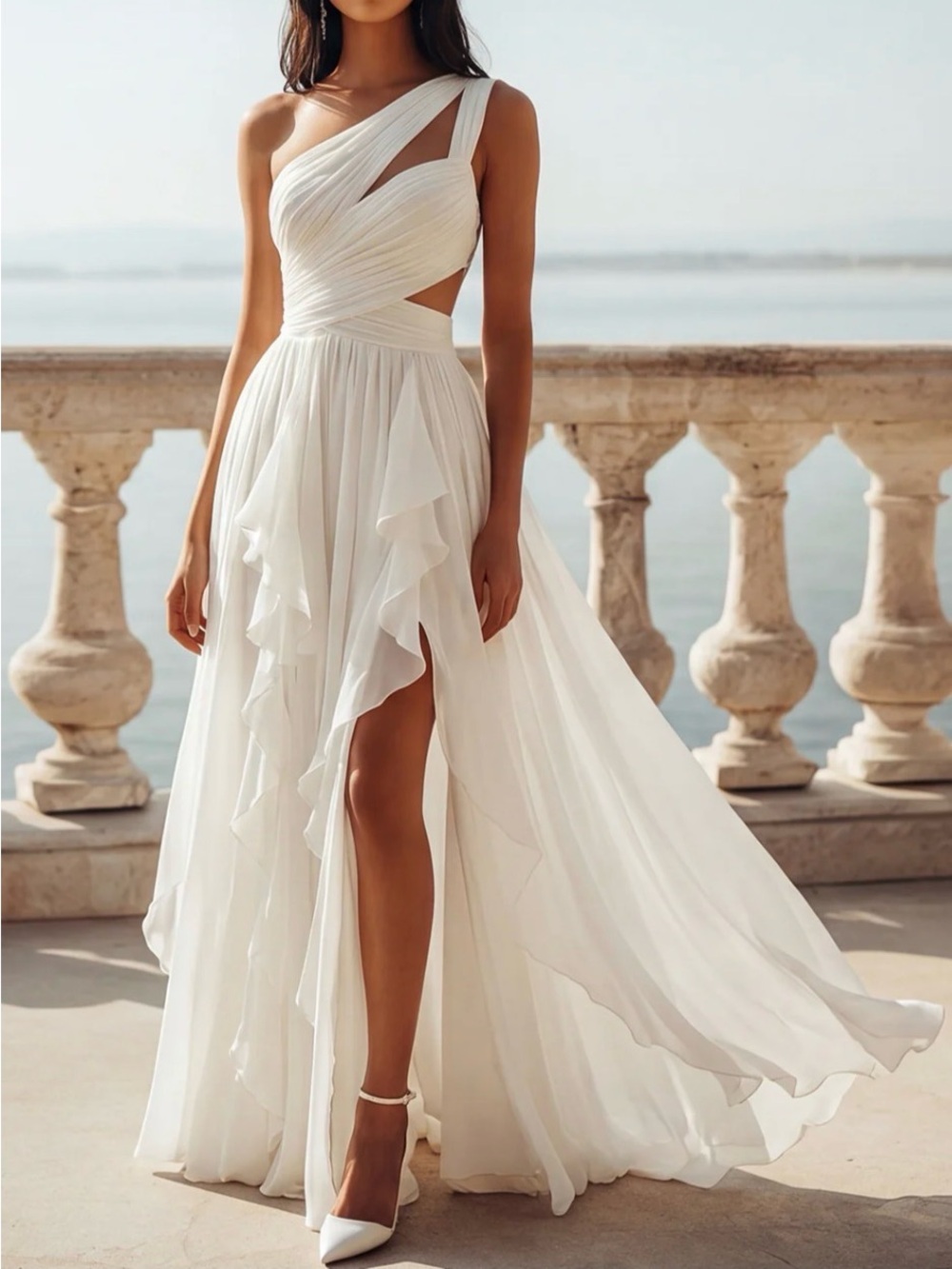 White Asymmetrical Ruffle Chiffon Maxi Dress - Elegant One-Shoulder Design